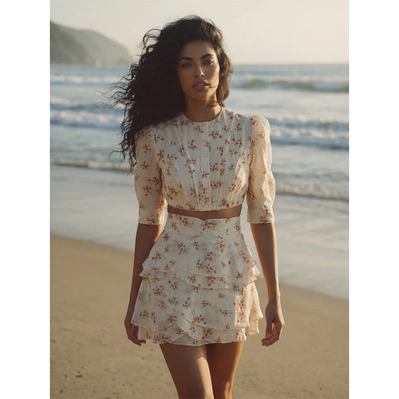 Women's Fashion Print Mini Skirt Set Bubble Sleeves O-neck Crop Top Layered Ruffle Suits 2026 Summer Lady New Highstreet Outwear
