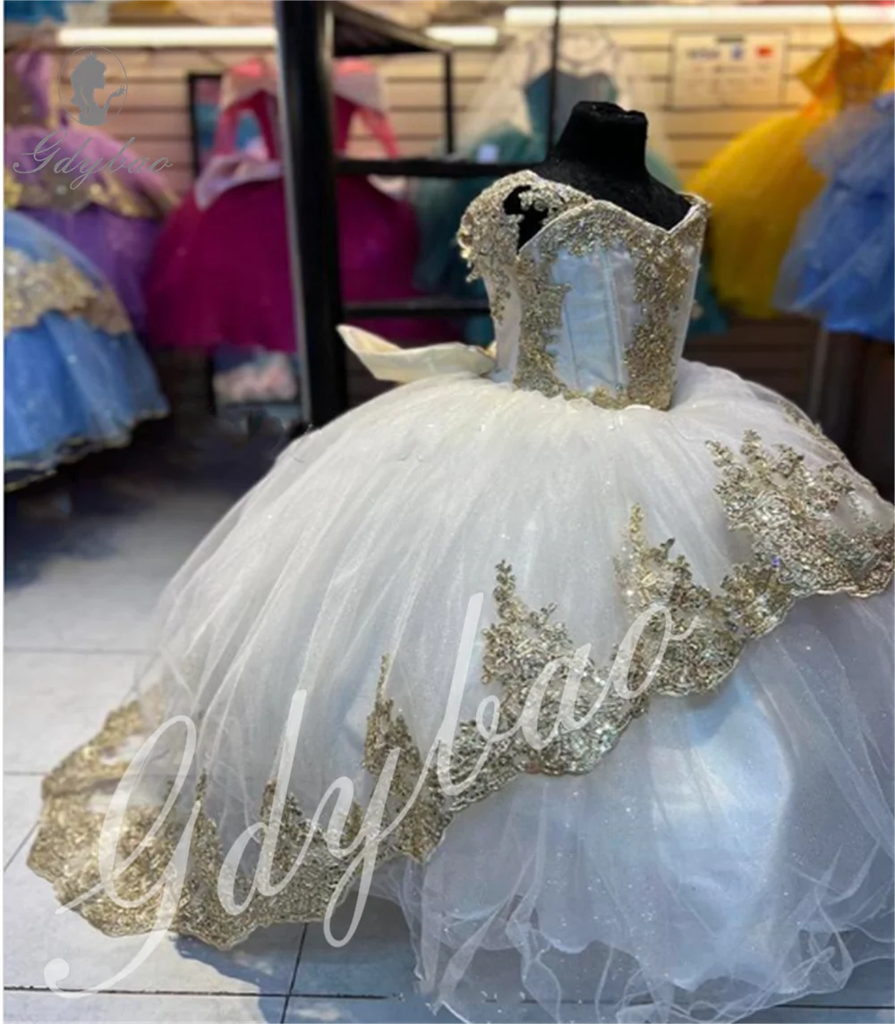 Gold Girls Elegance Dress New 2025 Tulle Tiered Flower Girl Dresses Toddlers Satin Bow Lace Pageant Formal Attire Activities