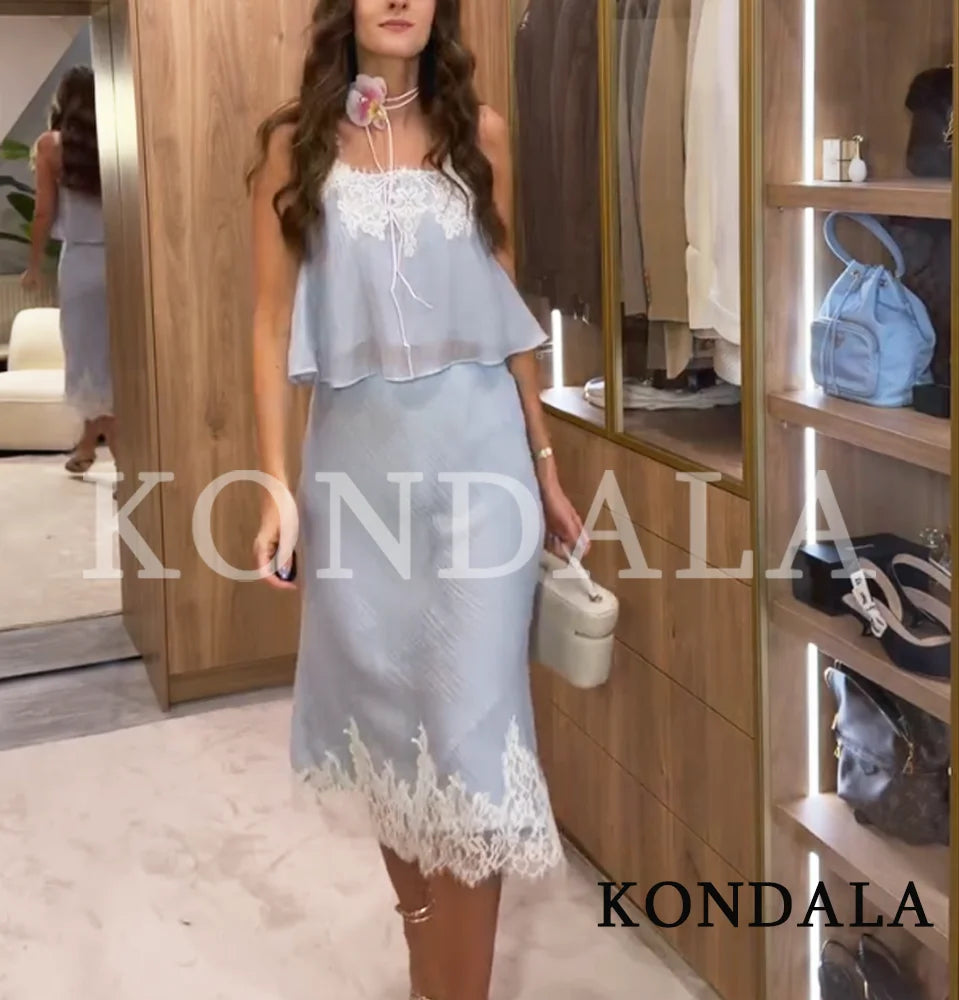 KONDALA Casual Chic Lace Skirt Set Women Holidays Summer Sky Blue Camisole,Midi Skirt 2026 Trendy Beach Leisure Street Skirt Set
