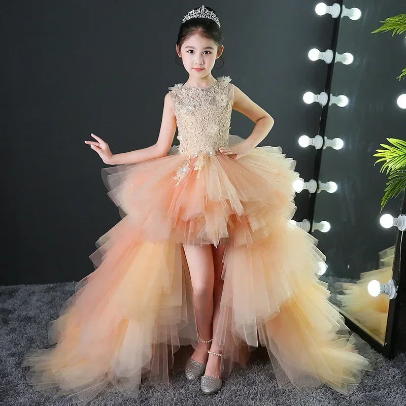 Custom Made Luxury Grey Pageant Dress Kids Birthday Wedding Ball Gown Party Dress Crystal Bandage Flower Girl Dresses Long Train
