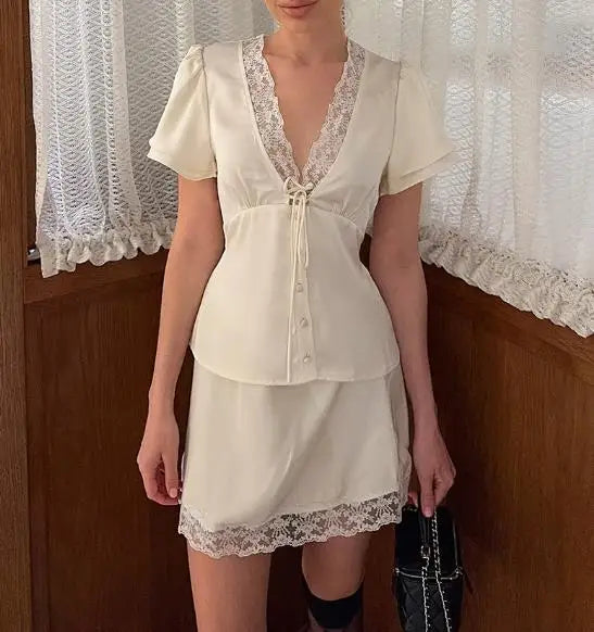 Two Piece Set Women Outfit 2026 Spring Summer New Solid Color Lace Patchwork V-Neck Short Sleeve Top & Casual Mini Skirt Set