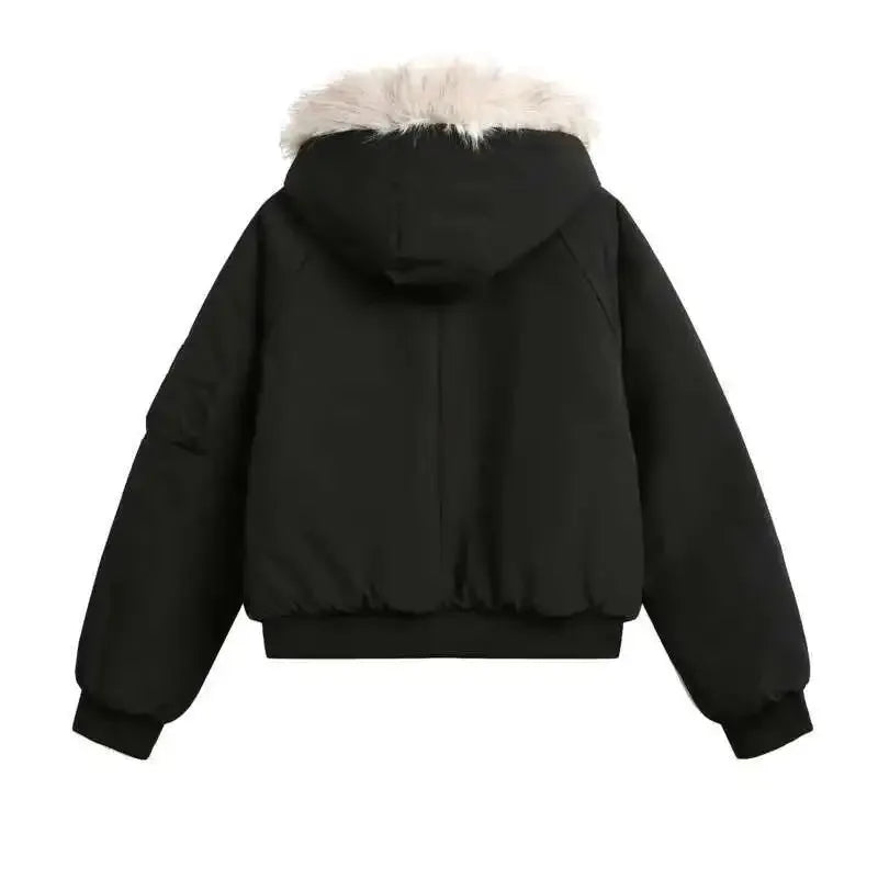 Unisex Winter Warm Fur Collar Hooded Quilted Padded Jacket 2024 Trend New Brown Loose Causal Short Style Cotton-padded Coat