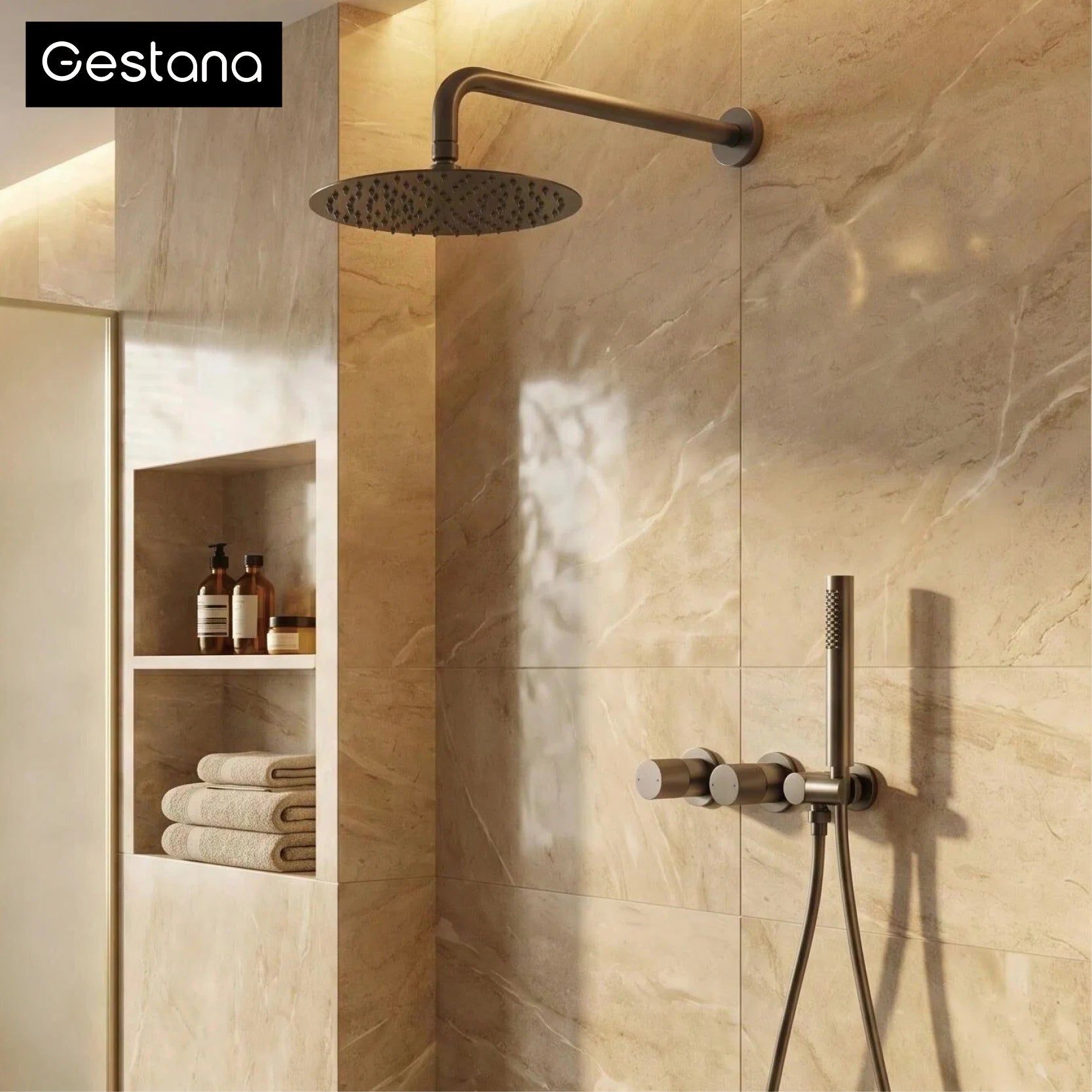 Luxury gun gray brass wall mounted shower system embedded design with 2 handles dual control hot and cold water bathroom faucet