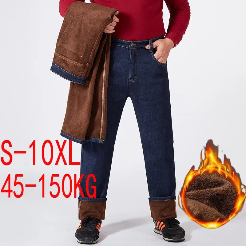 Men Plus Size 10XL Winter Warm Plush Jeans Stretch Loose Straight Baggy Denim Trousers for Comfortable Wear Oversize Streetwear