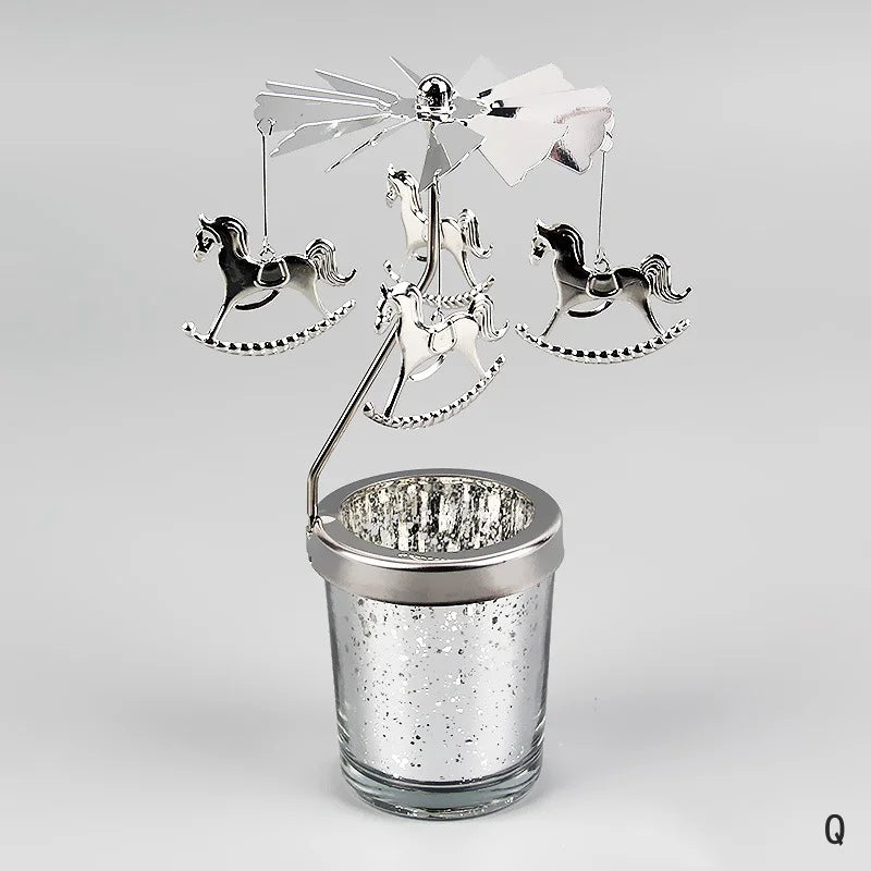 Silver Candle Holder Home Decoration Valentine's Gift Rotating Candlestick Party Decor Romantic Carousel Tea Light Candle Stand