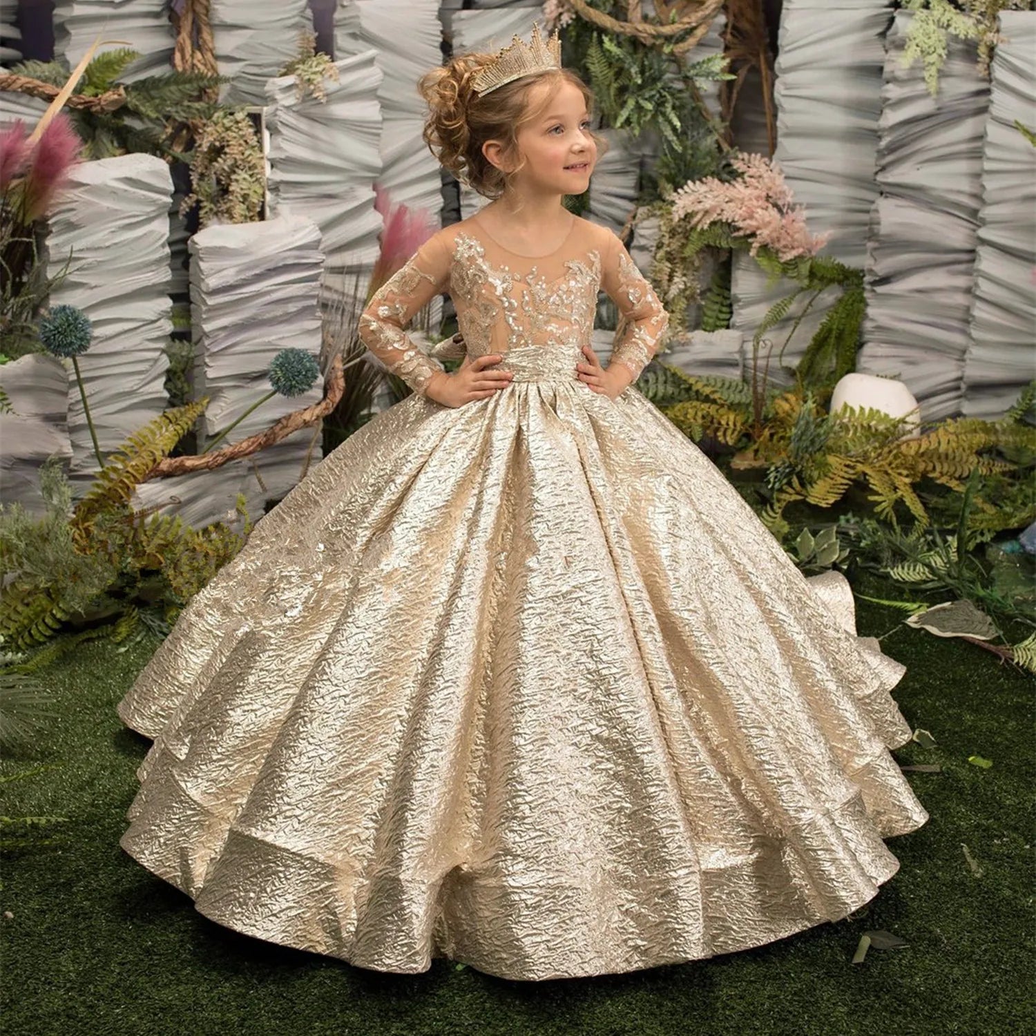 Gold Big Bow Flower Girl Dresses  Appliques Full Illusion Sleeves Birthday Wedding Holiday Bridesmaid Dress Customized Clothing