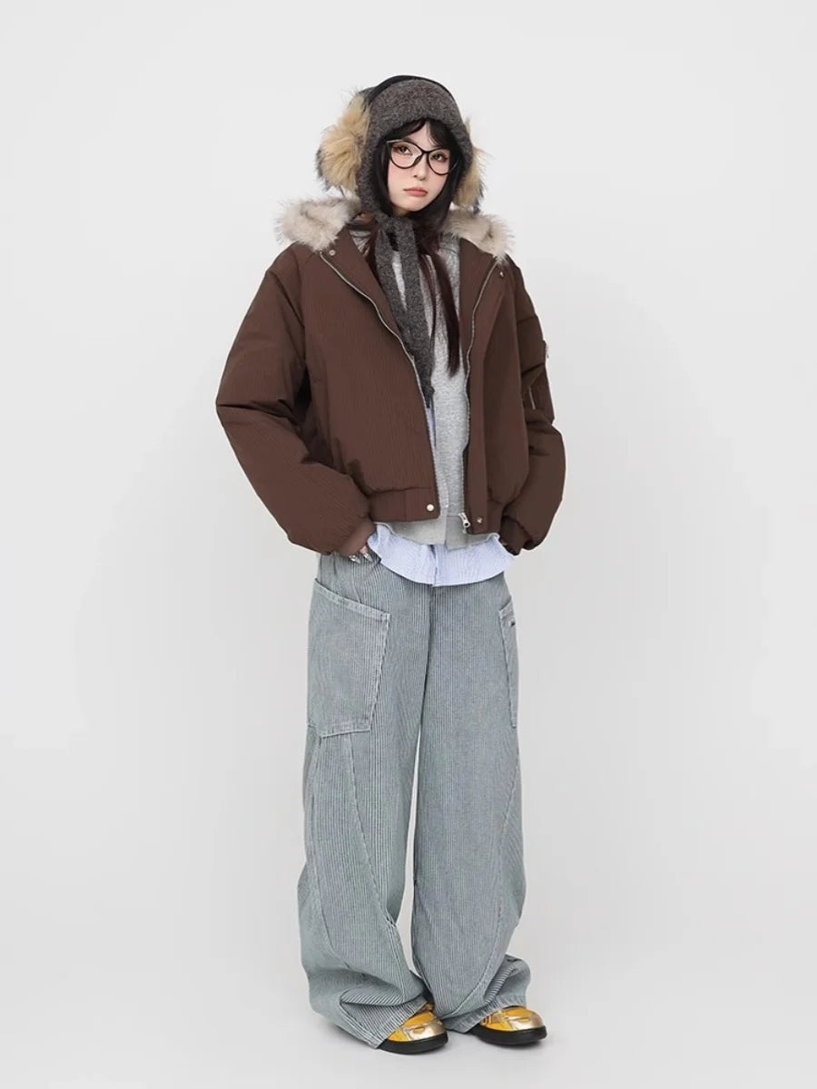 Trendy Thickened Short Cotton Jacket Women's Workwear Hooded Coat Fur Collar Street Style Loose Fit Metal Zipper Poly Fiber