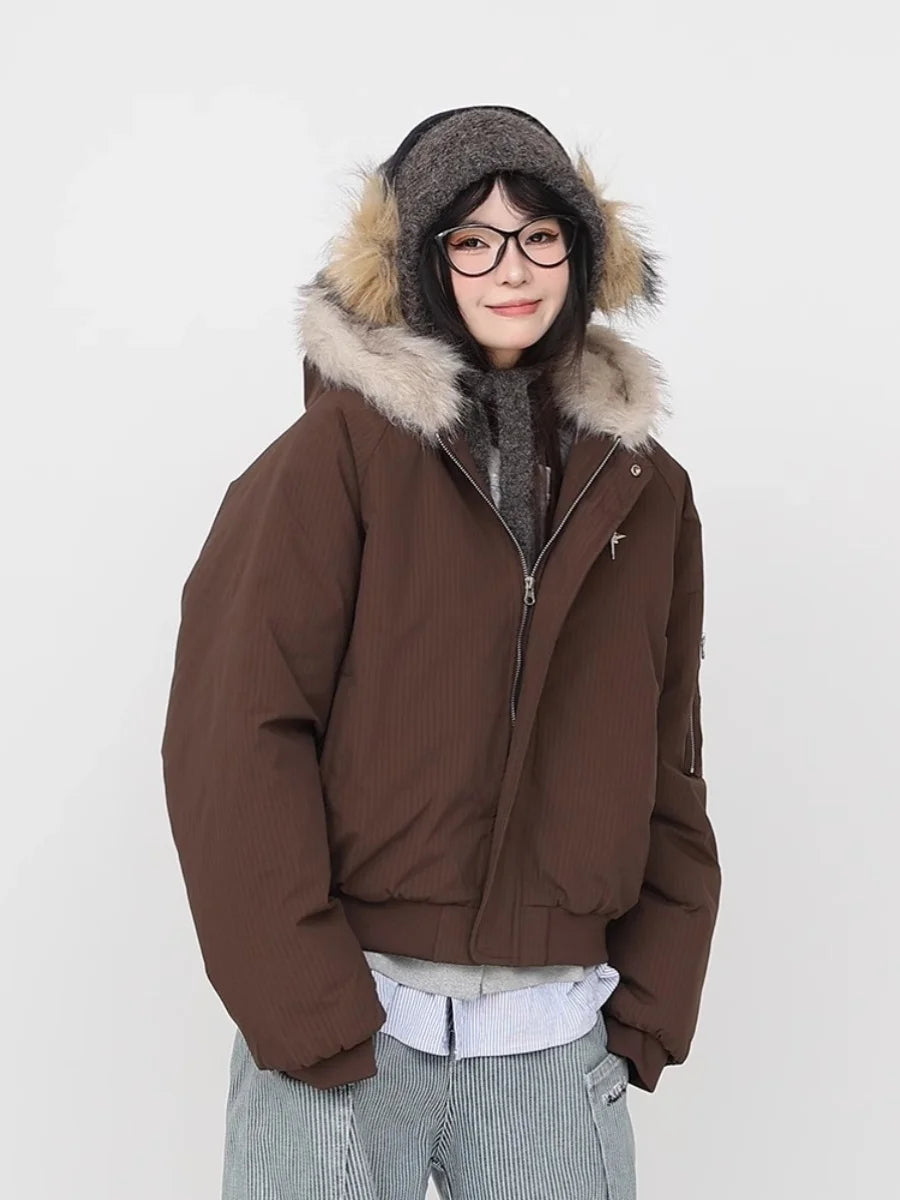 Trendy Thickened Short Cotton Jacket Women's Workwear Hooded Coat Fur Collar Street Style Loose Fit Metal Zipper Poly Fiber