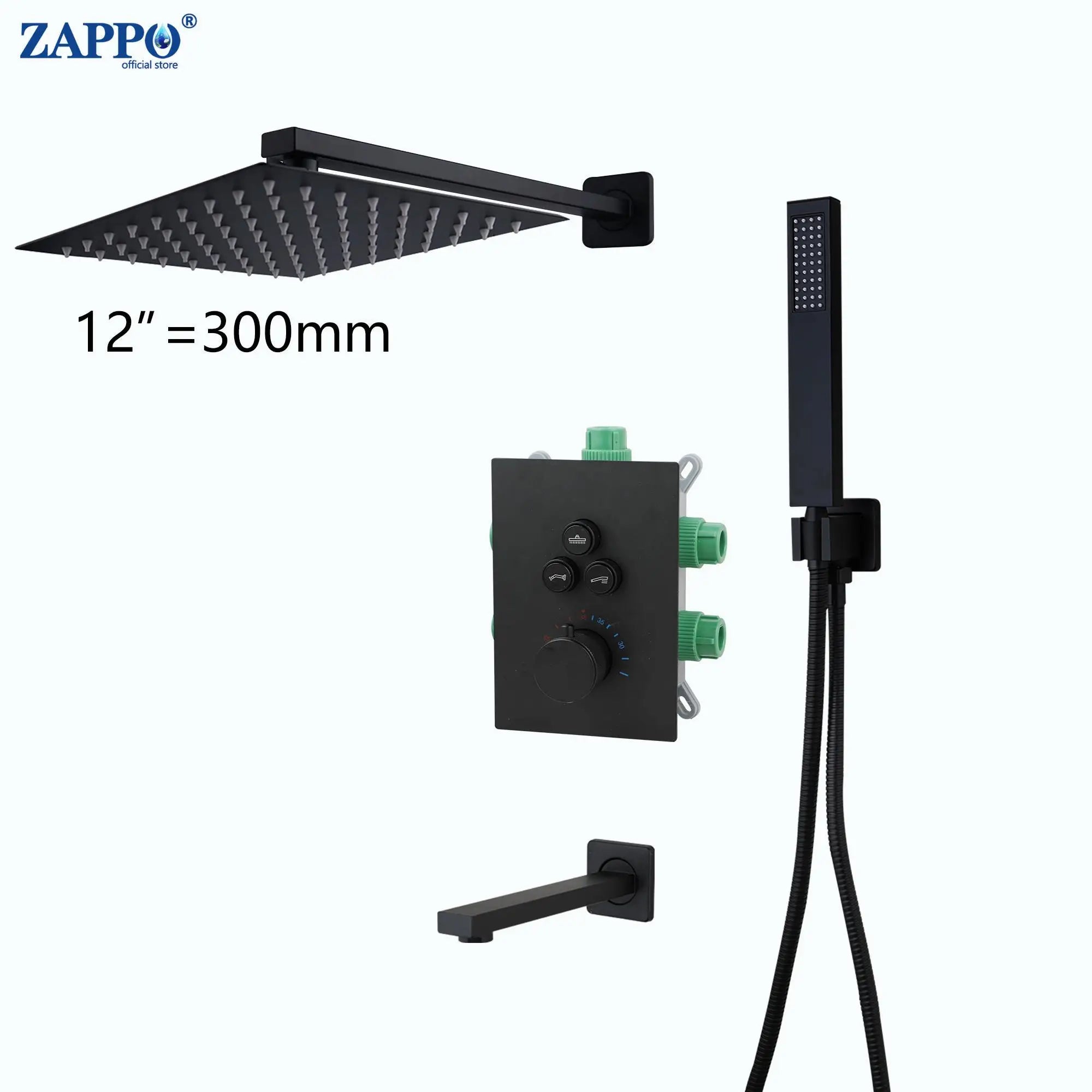 ZAPPO Matte Black Concealed Shower Sets Thermostatic Bathroom Shower Faucet 3 Ways Shower System Rainfall Head Wall Mounted