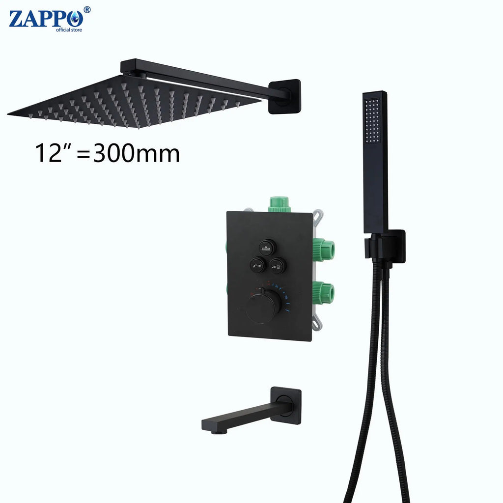ZAPPO Matte Black Concealed Shower Sets Thermostatic Bathroom Shower Faucet 3 Ways Shower System Rainfall Head Wall Mounted
