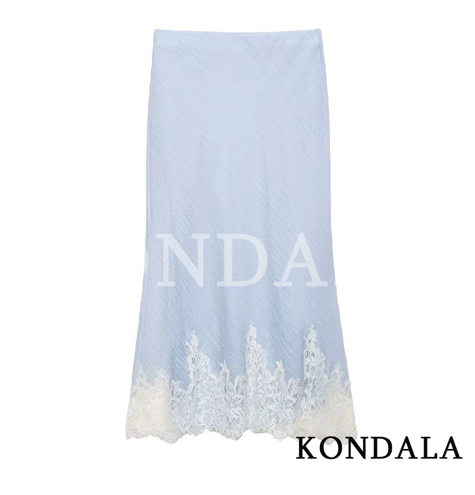 KONDALA Casual Chic Lace Skirt Set Women Holidays Summer Sky Blue Camisole,Midi Skirt 2026 Trendy Beach Leisure Street Skirt Set
