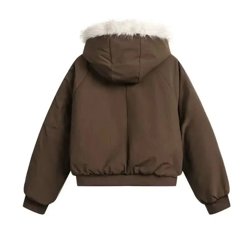 Unisex Winter Warm Fur Collar Hooded Quilted Padded Jacket 2024 Trend New Brown Loose Causal Short Style Cotton-padded Coat