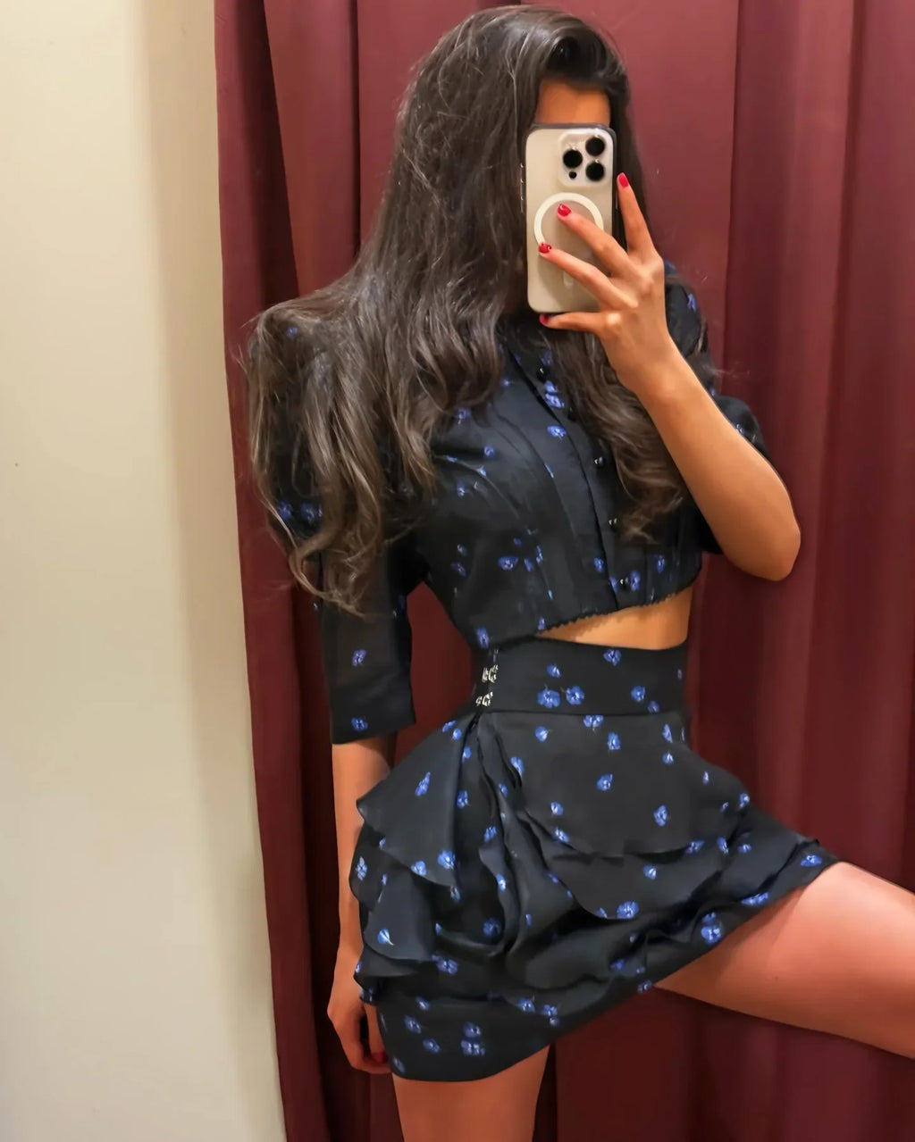 Women's Fashion Print Mini Skirt Set Bubble Sleeves O-neck Crop Top Layered Ruffle Suits 2026 Summer Lady New Highstreet Outwear