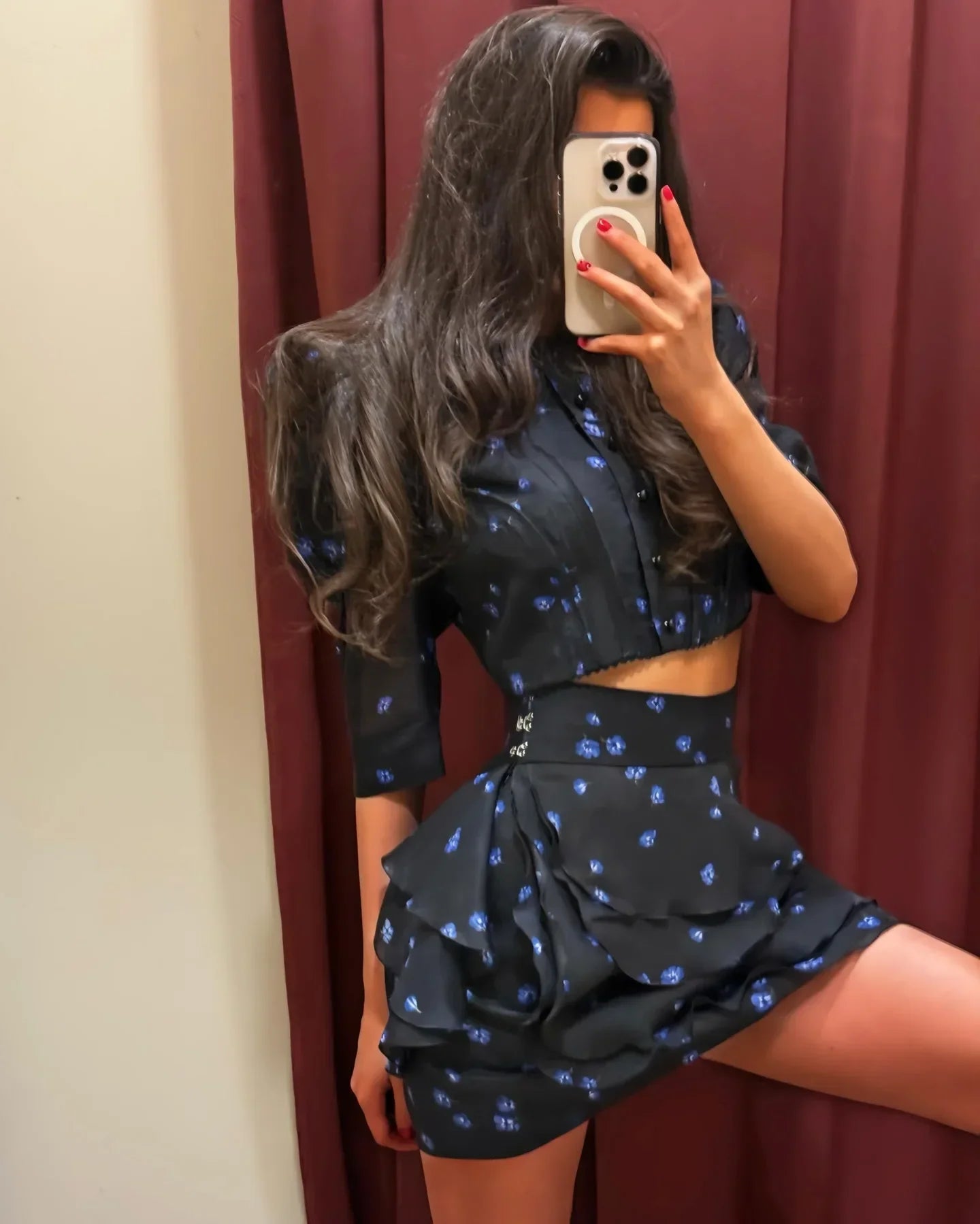 Women's Fashion Print Mini Skirt Set Bubble Sleeves O-neck Crop Top Layered Ruffle Suits 2026 Summer Lady New Highstreet Outwear