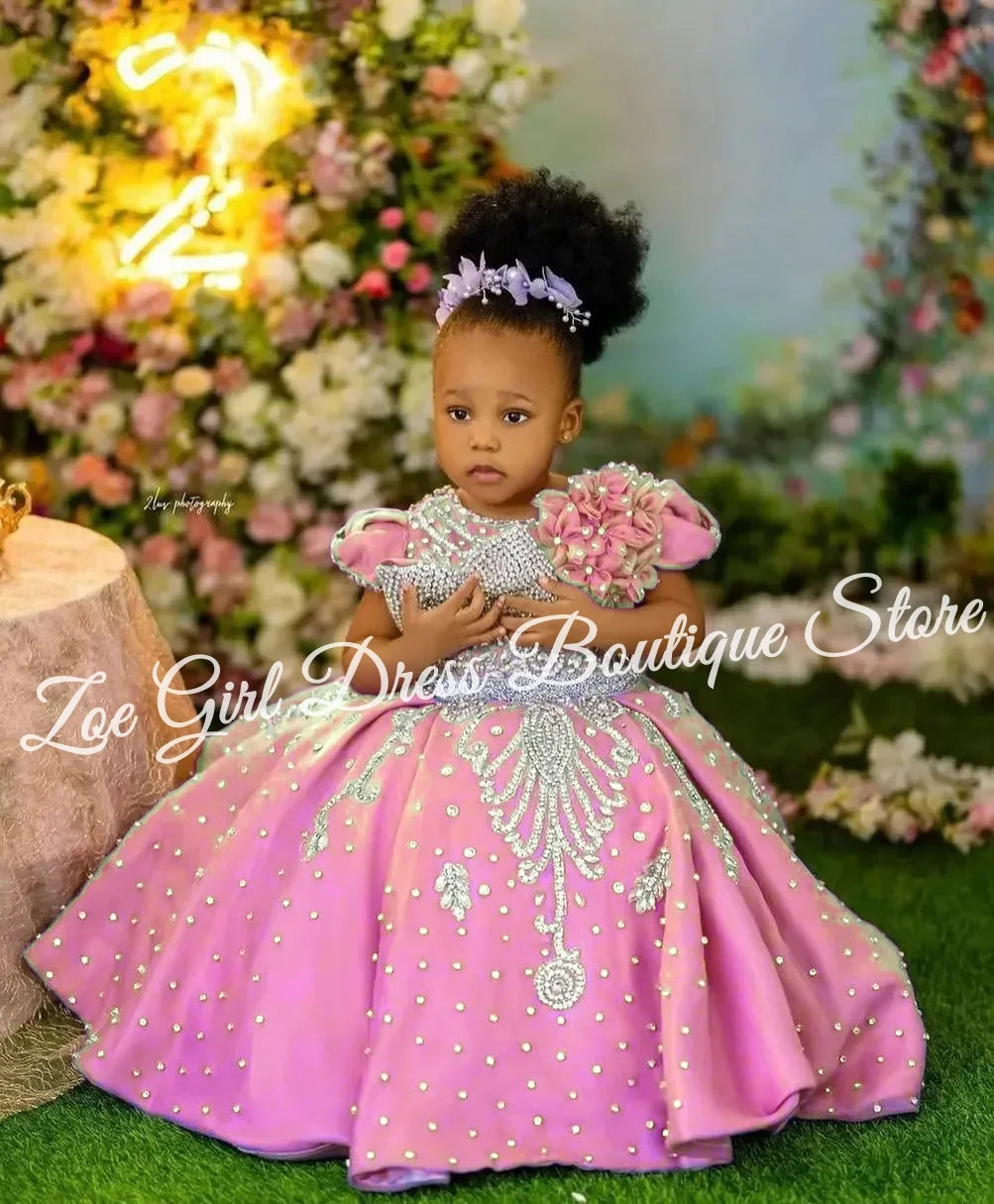 Luxury Lavender Girls Birthday Dress Beading With Bow Floral Flower Girl Dresses Queen Ball Gowns for Wedding Party Customized