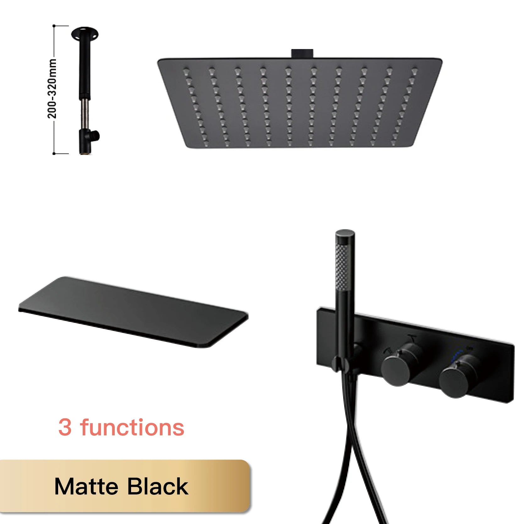 Modern Black Brass Bathroom Thermostatic Ceiling Type Shower System Wall-Mounted 3-Function Waterfall Tap for Cold & Hot Wate