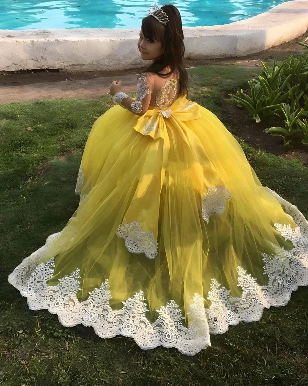 Pink Huge Bow Flower Girl Dresses Full Sleeves Lase Luxury Princess Pageant Dress For Birthday Party Gown First Holy Communion