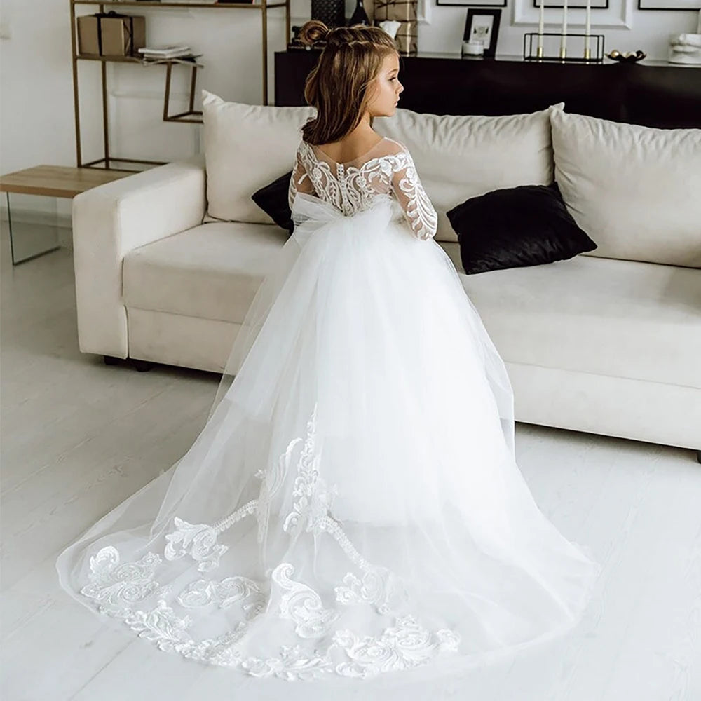 MisShow Flower Girl Dresses Princess For Wedding Party Bow Tie Back Girls Lace Dress For Kids 3-9 Years Ball Gown