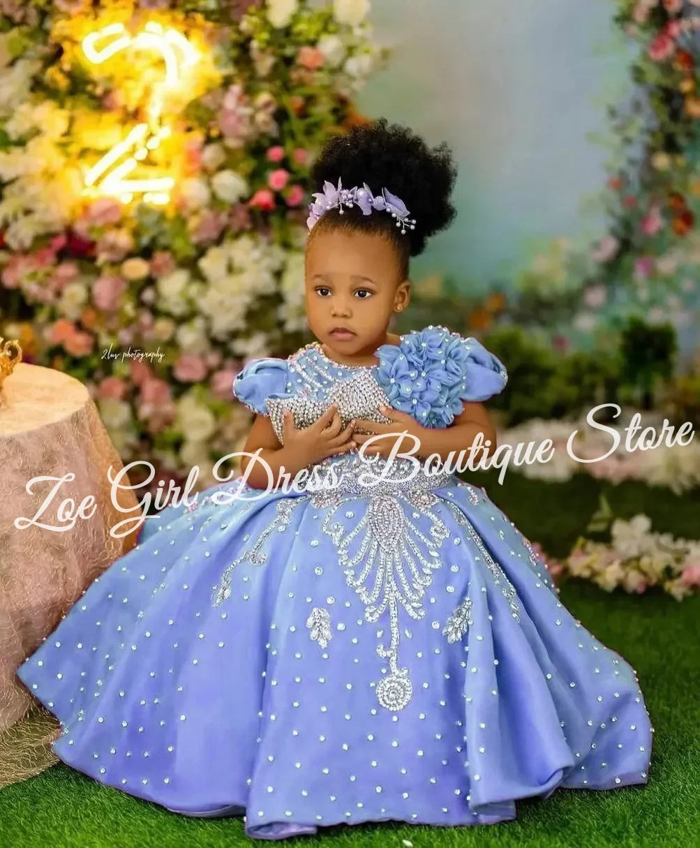 Luxury Lavender Girls Birthday Dress Beading With Bow Floral Flower Girl Dresses Queen Ball Gowns for Wedding Party Customized