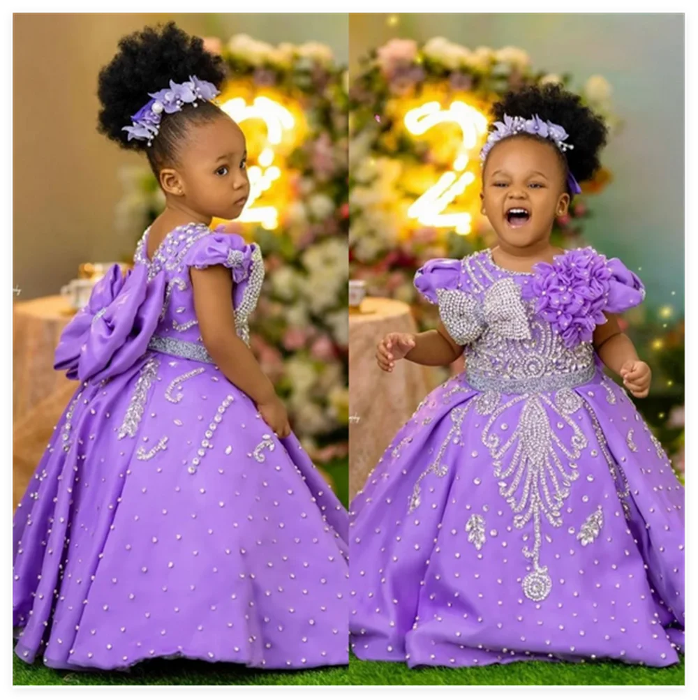 Luxury Lavender Girls Birthday Dress Beading With Bow Floral Flower Girl Dresses Queen Ball Gowns for Wedding Party Customized