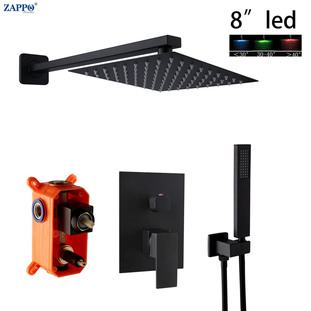 ZAPPO Black Shower Set Wall Mounted Shower Faucet Mixer 8/10/12/16 inch Rainfall Shower Head Bathroom Shower Systerm Tap