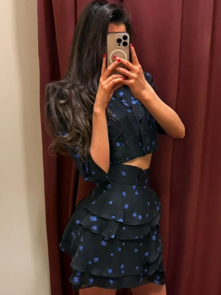 Women's Fashion Print Mini Skirt Set Bubble Sleeves O-neck Crop Top Layered Ruffle Suits 2026 Summer Lady New Highstreet Outwear