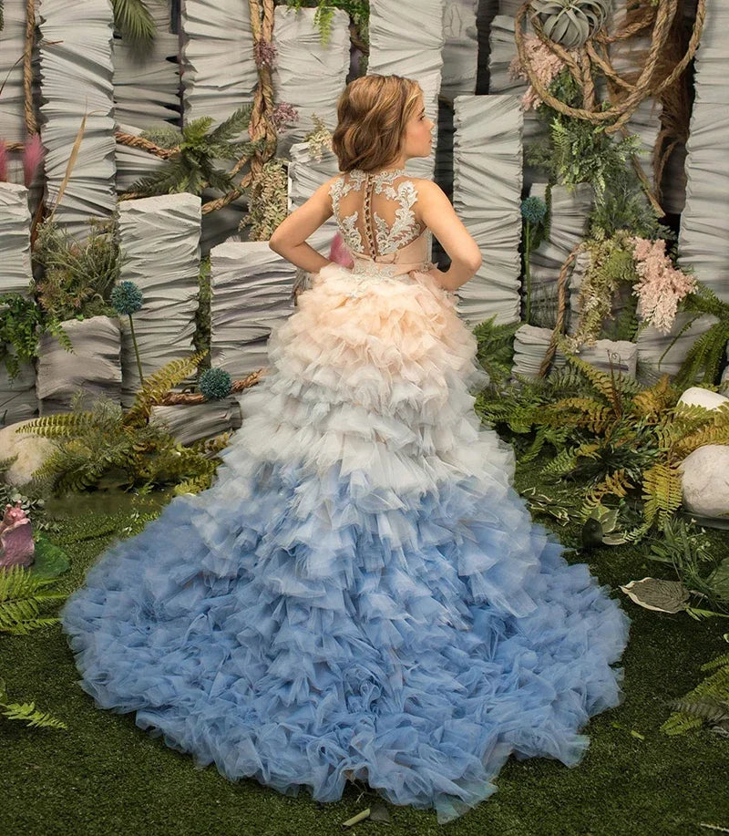 Tiered Tulle Flower Girl Dresses For Wedding With Detachable Train High Low Toddler Girls Pageant Dress Kids Party Ball Gown