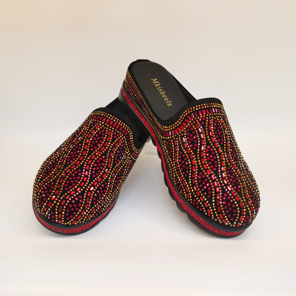 African Popular Luxury Women's Rhinestone Slippers Non-slip height-raising, High-end  Mid-Heel Lady Casual Mullers Shoes F1207-1