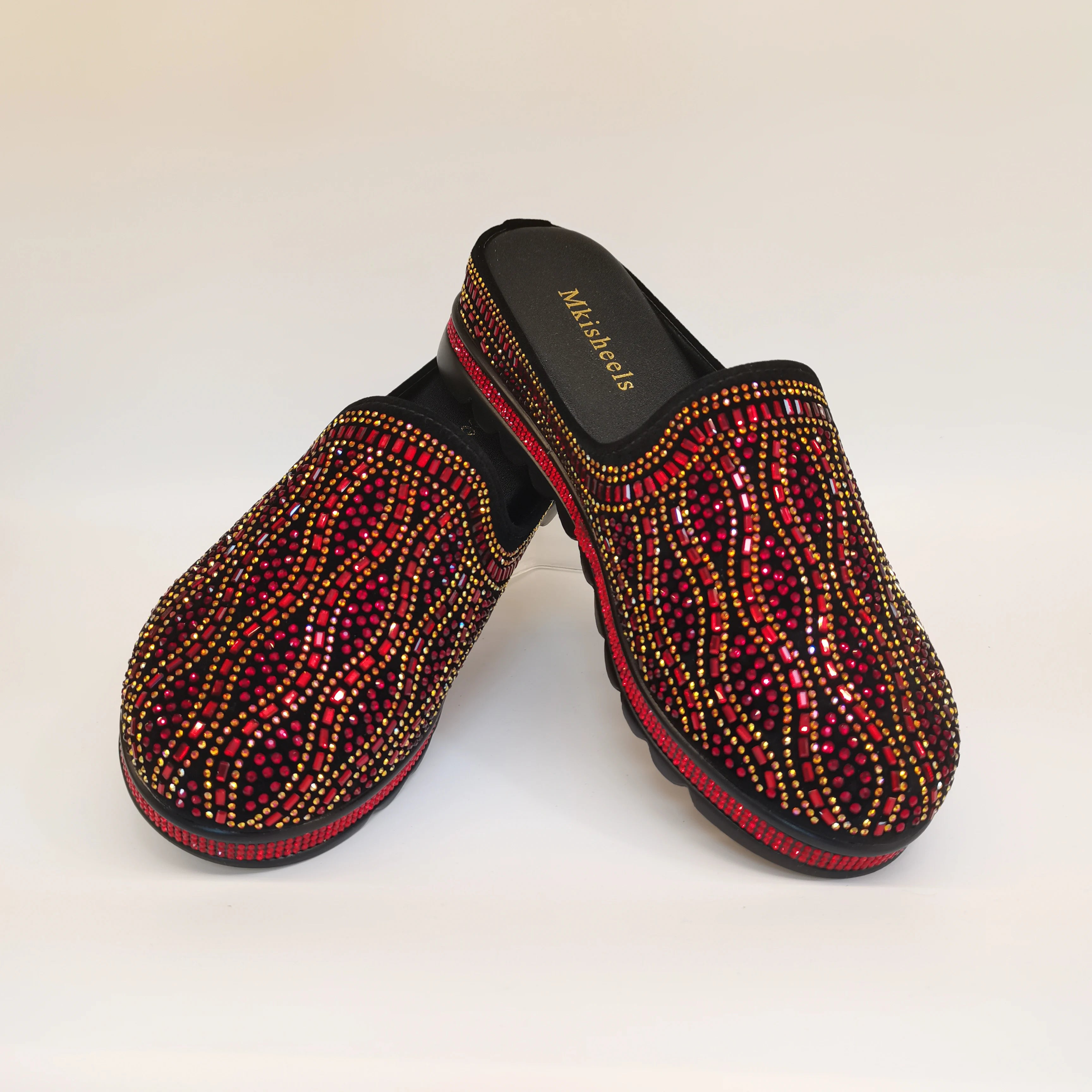 African Popular Luxury Women's Rhinestone Slippers Non-slip height-raising, High-end  Mid-Heel Lady Casual Mullers Shoes F1207-1