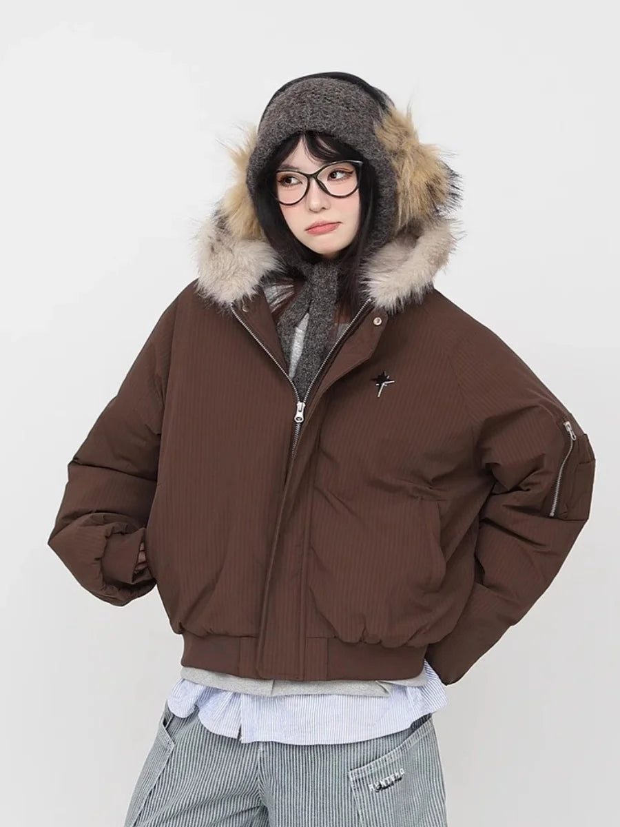 Trendy Thickened Short Cotton Jacket Women's Workwear Hooded Coat Fur Collar Street Style Loose Fit Metal Zipper Poly Fiber