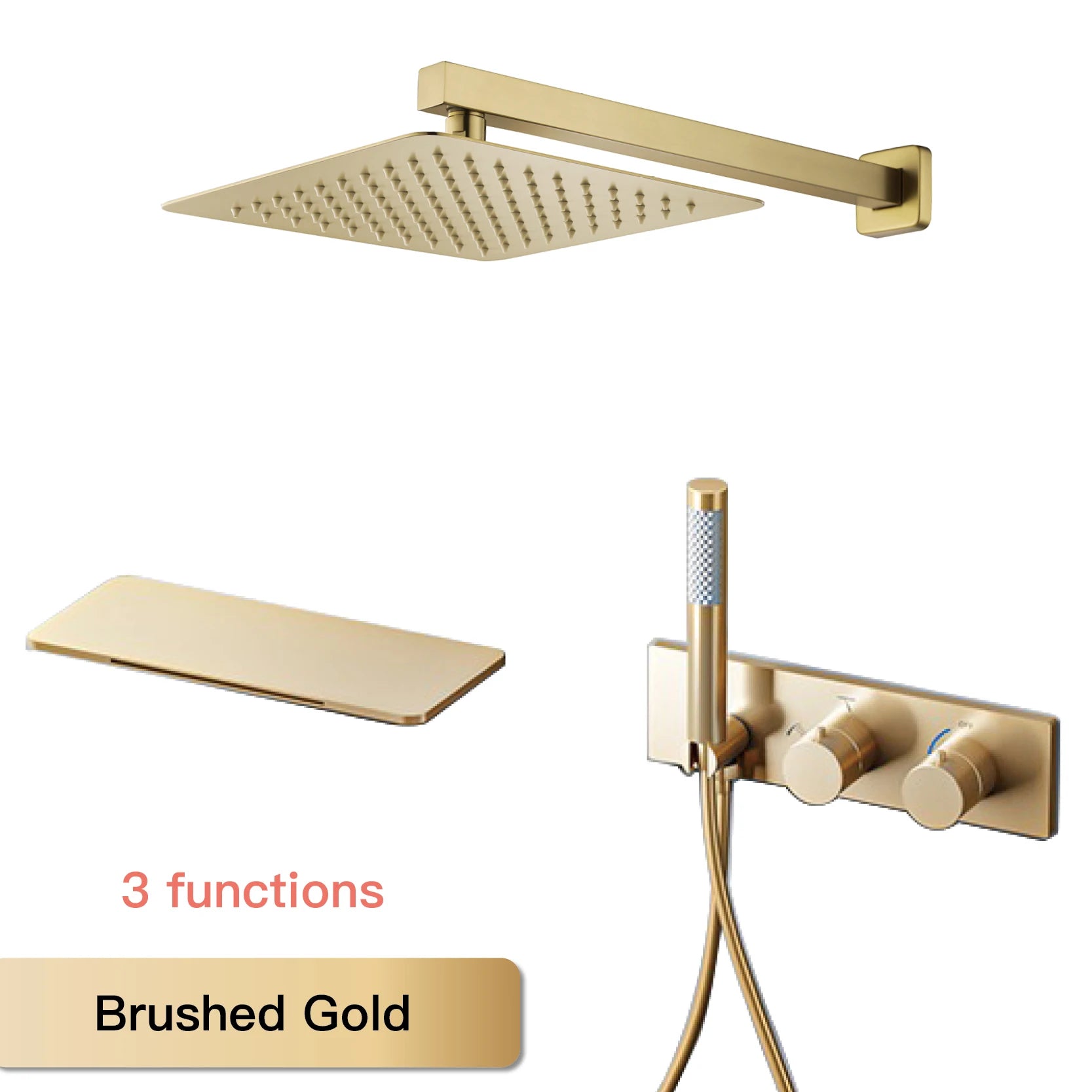 Modern Black Brass Bathroom Thermostatic Ceiling Type Shower System Wall-Mounted 3-Function Waterfall Tap for Cold & Hot Wate