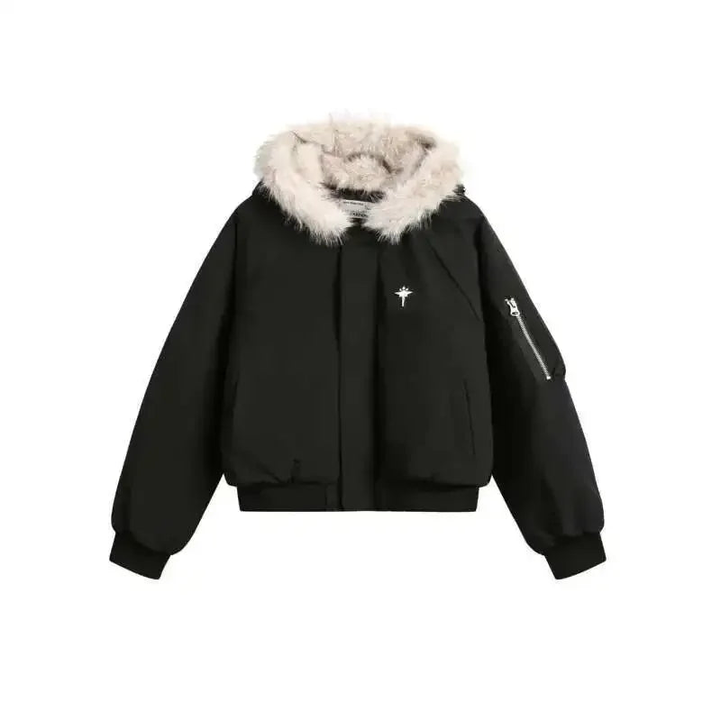 Unisex Winter Warm Fur Collar Hooded Quilted Padded Jacket 2024 Trend New Brown Loose Causal Short Style Cotton-padded Coat