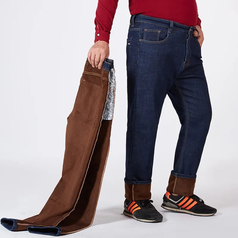 Men Plus Size 10XL Winter Warm Plush Jeans Stretch Loose Straight Baggy Denim Trousers for Comfortable Wear Oversize Streetwear