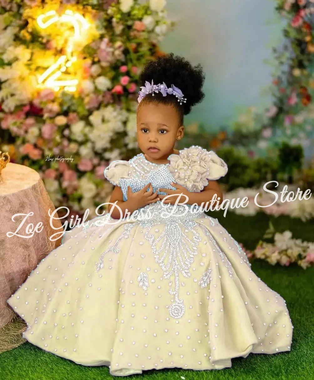 Luxury Lavender Girls Birthday Dress Beading With Bow Floral Flower Girl Dresses Queen Ball Gowns for Wedding Party Customized