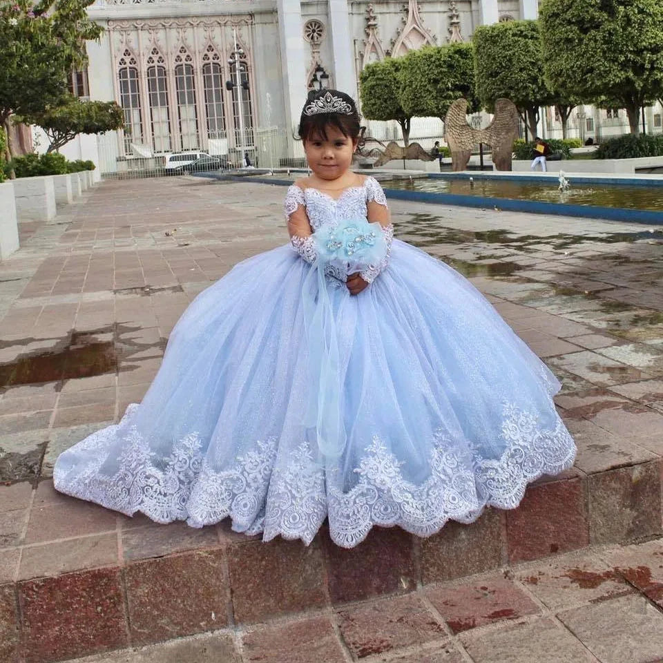 Pink Huge Bow Flower Girl Dresses Full Sleeves Lase Luxury Princess Pageant Dress For Birthday Party Gown First Holy Communion
