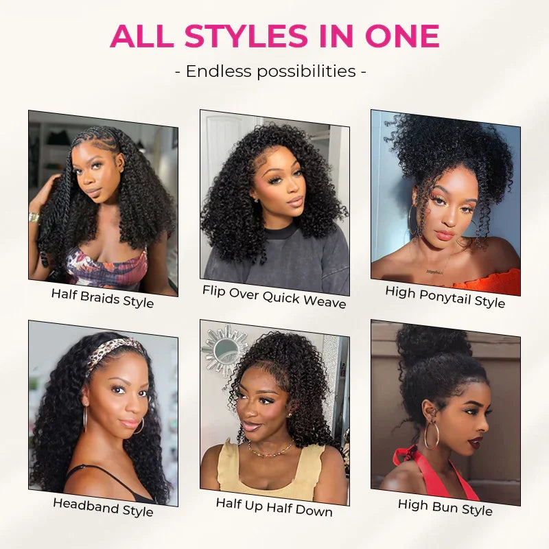 220% Half Wig Human Hair Afro Kinky Curly Wigs Glueless Wigs Human Hair 3 in 1 Wear Go Glueless Wig With Drawstring Seamless