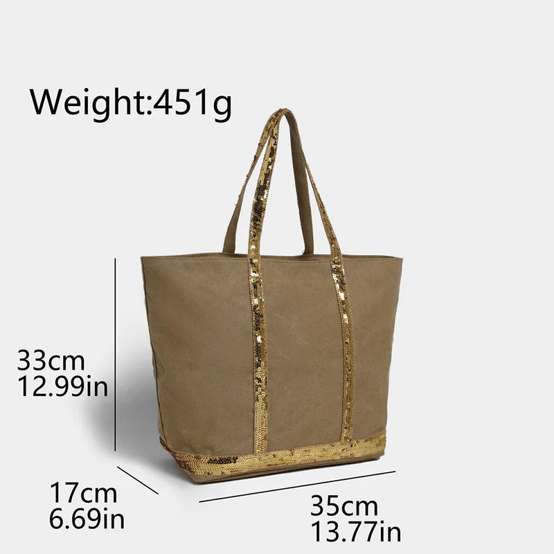 French Sequined Large-capacity Tote Bag Brand Designed Canvas Handbag Contrast Vintage Shoulder Bag Women's Business Travel Bags