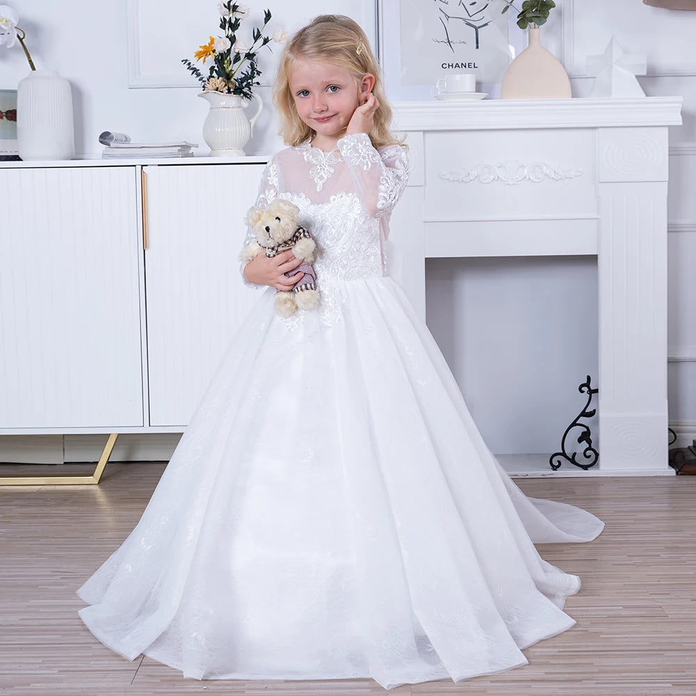 MisShow Flower Girl Dresses Princess For Wedding Party Bow Tie Back Girls Lace Dress For Kids 3-9 Years Ball Gown