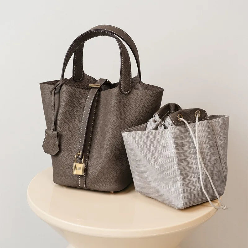 Bucket bag, genuine leather women's bag, vegetable basket bag, mommy bag, bride's wedding bag, light luxury high-end handbag