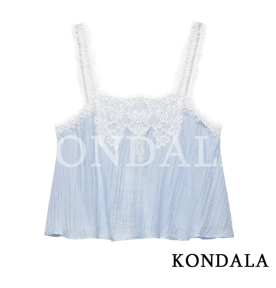 KONDALA Casual Chic Lace Skirt Set Women Holidays Summer Sky Blue Camisole,Midi Skirt 2026 Trendy Beach Leisure Street Skirt Set