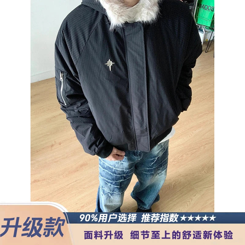 Retro American Cotton Jaet Men's Hooded ort Thiened Large Fur Collar Winter Warm Coat Cleanfit Outerwear Casual Youth