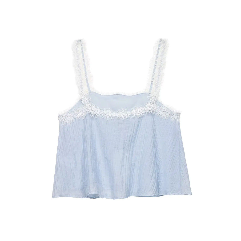 KONDALA Casual Chic Lace Skirt Set Women Holidays Summer Sky Blue Camisole,Midi Skirt 2026 Trendy Beach Leisure Street Skirt Set