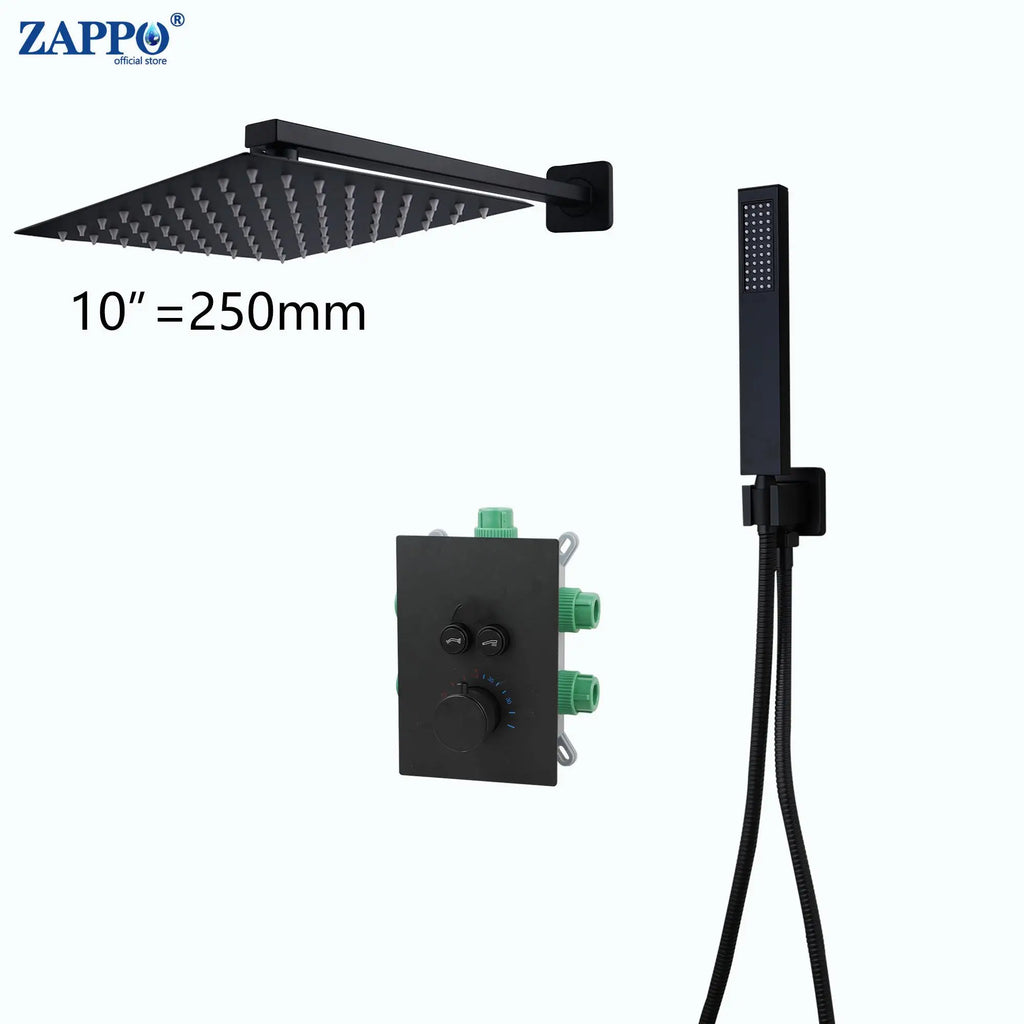ZAPPO Matte Black Concealed Shower Sets Thermostatic Bathroom Shower Faucet 3 Ways Shower System Rainfall Head Wall Mounted