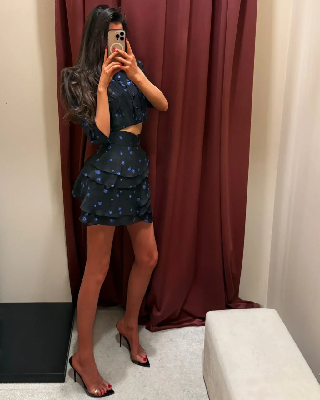 Women's Fashion Print Mini Skirt Set Bubble Sleeves O-neck Crop Top Layered Ruffle Suits 2026 Summer Lady New Highstreet Outwear
