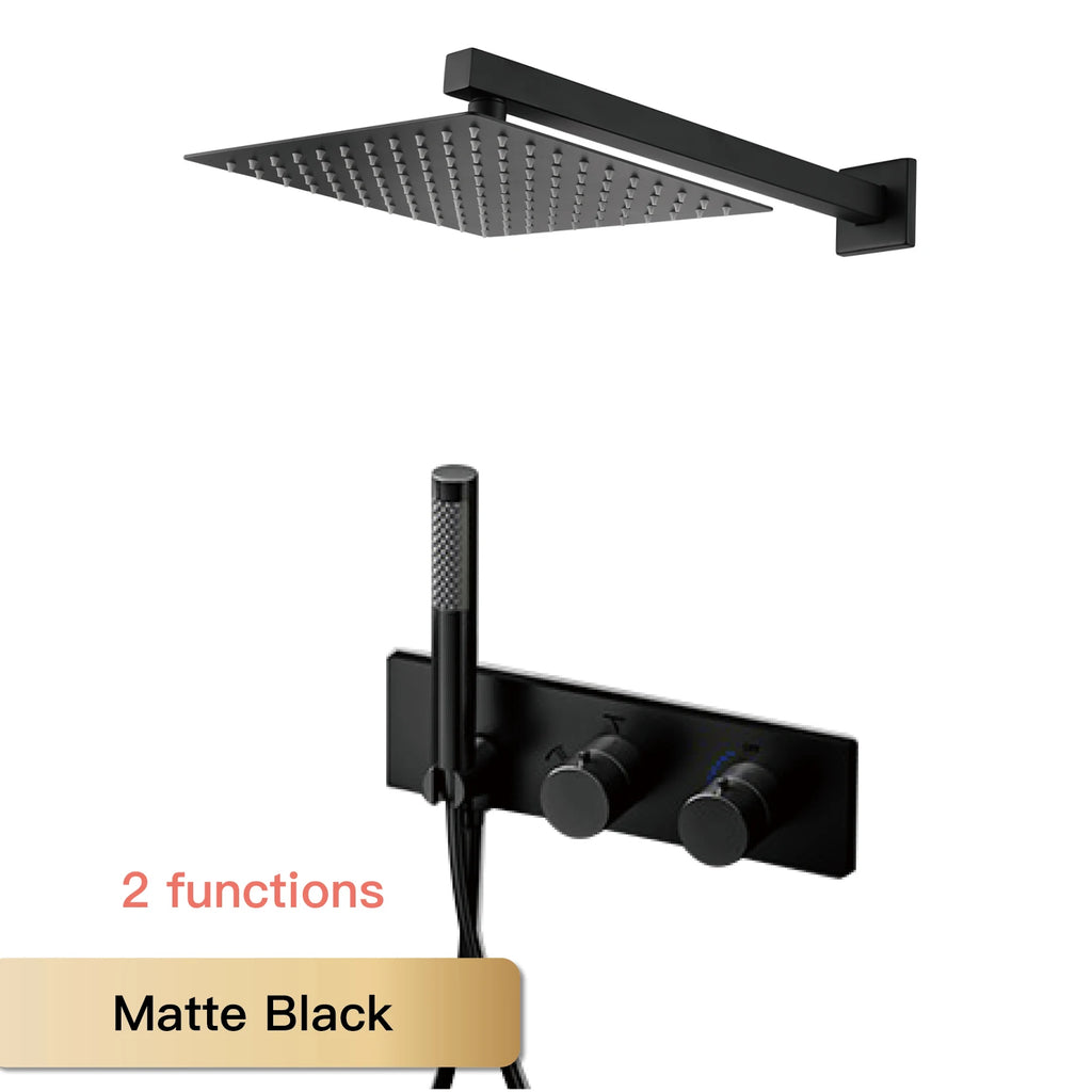 Modern Black Brass Bathroom Thermostatic Ceiling Type Shower System Wall-Mounted 3-Function Waterfall Tap for Cold & Hot Wate