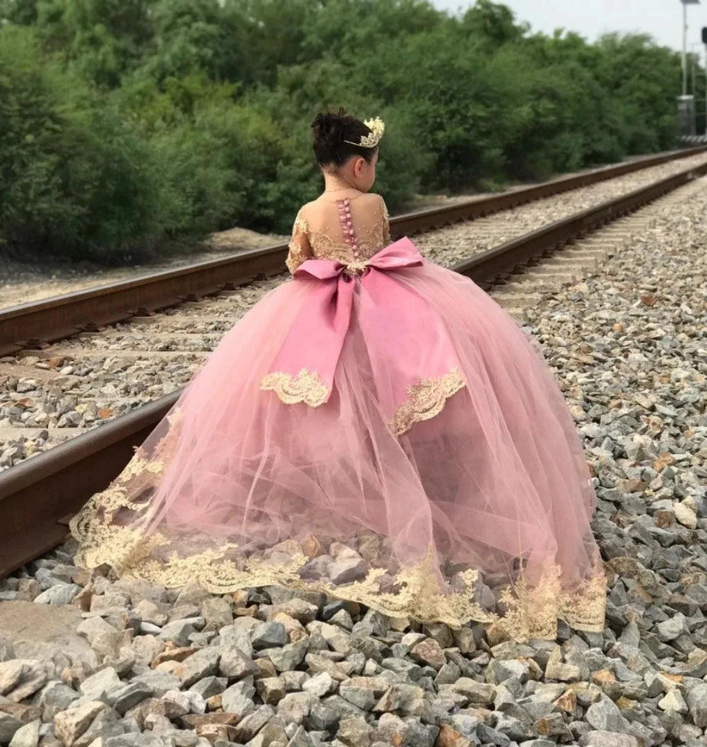 Pink Huge Bow Flower Girl Dresses Full Sleeves Lase Luxury Princess Pageant Dress For Birthday Party Gown First Holy Communion