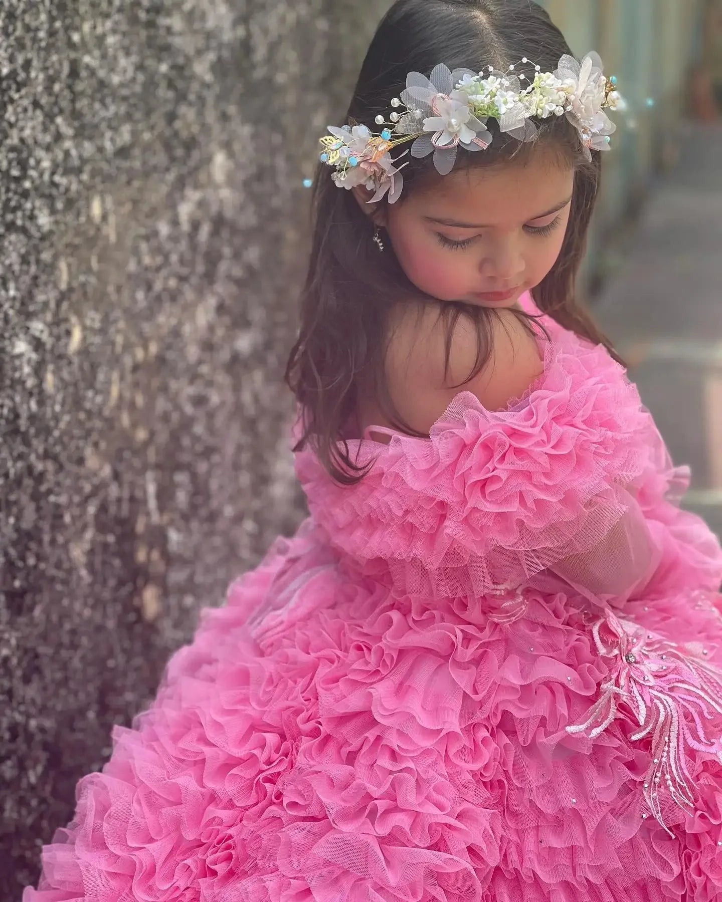 Pink Flower Girl Dresses for Wedding Crystal Ruffles Off the Shoulder First Communion Kids Birthday Party Gown Party Dress