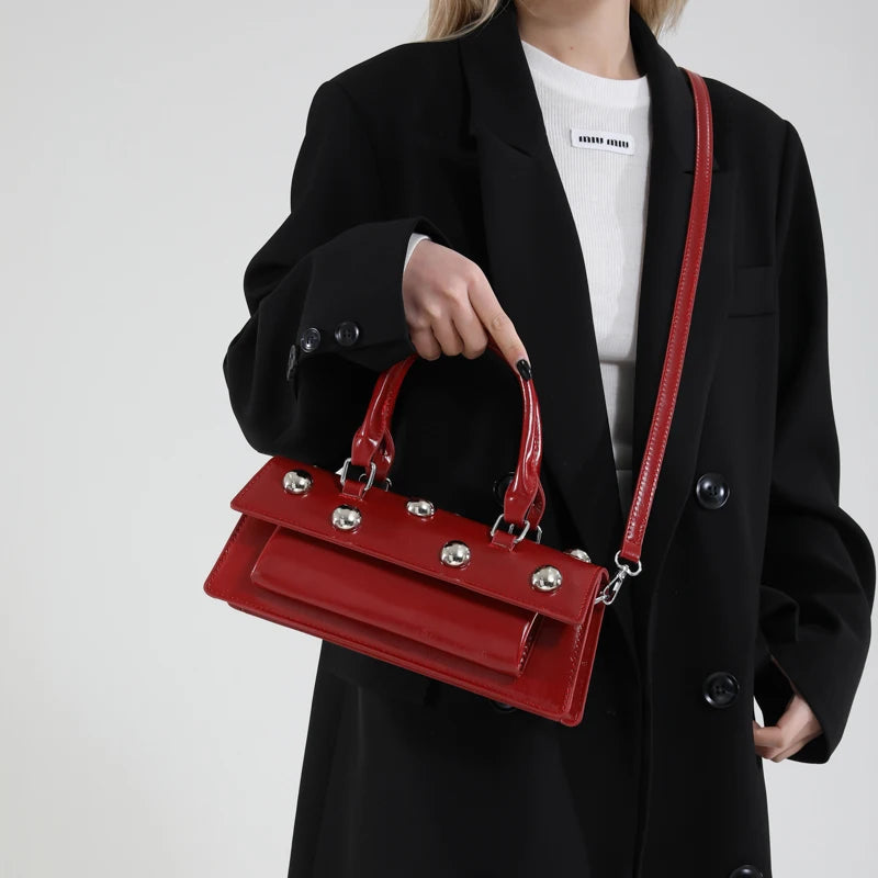 Classic Pu Leather Shoulder Bag for Women Fashion Studded Beading Crossbody Bags Vintage Handbag Small Square Satchel (Black)