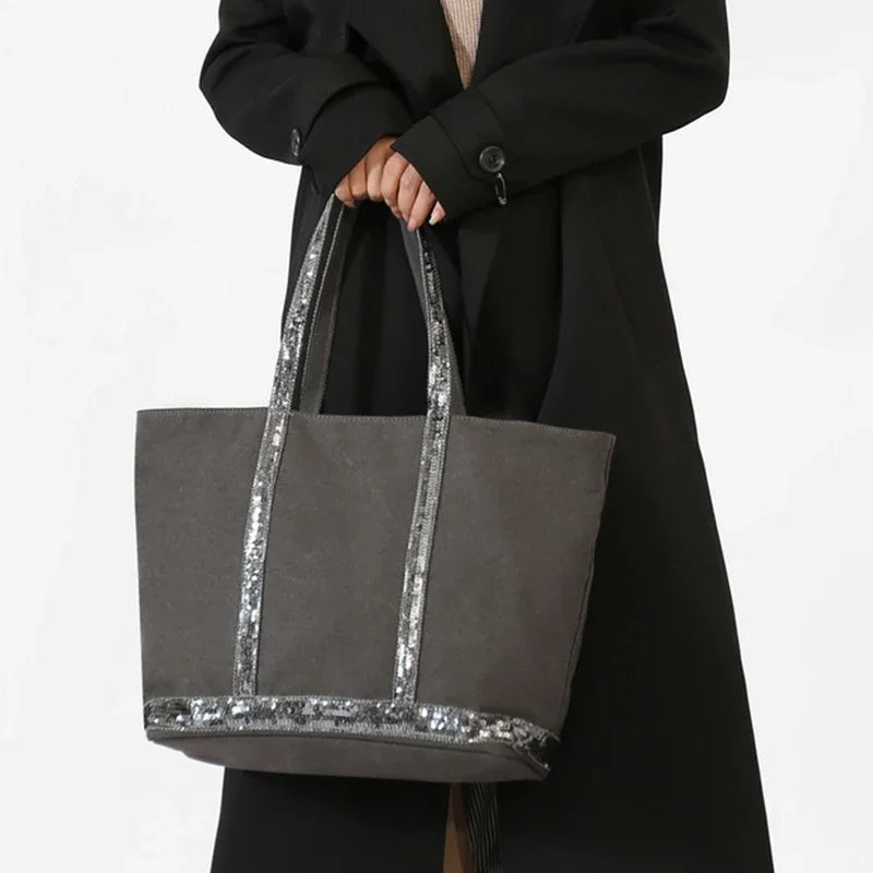 French Sequined Large-capacity Tote Bag Brand Designed Canvas Handbag Contrast Vintage Shoulder Bag Women's Business Travel Bags