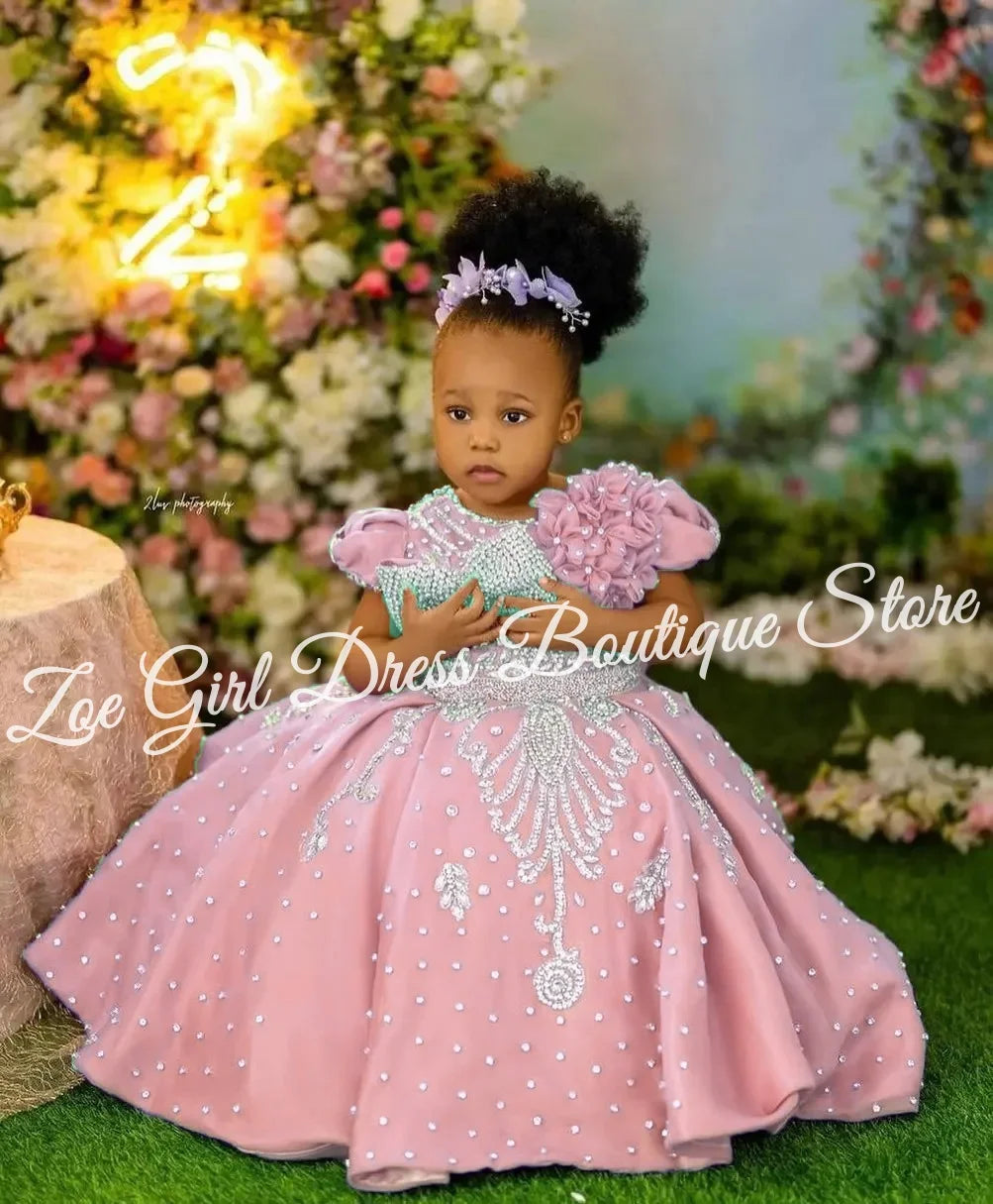 Luxury Lavender Girls Birthday Dress Beading With Bow Floral Flower Girl Dresses Queen Ball Gowns for Wedding Party Customized